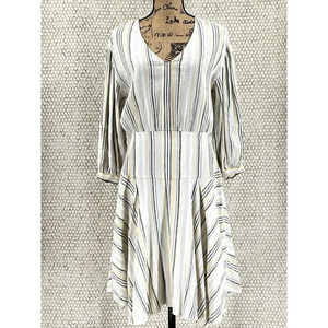 ATM Dress Womens 8 Striped Yellow Gray Zipper V-Neck Midi Linen Asymmetrical Hem